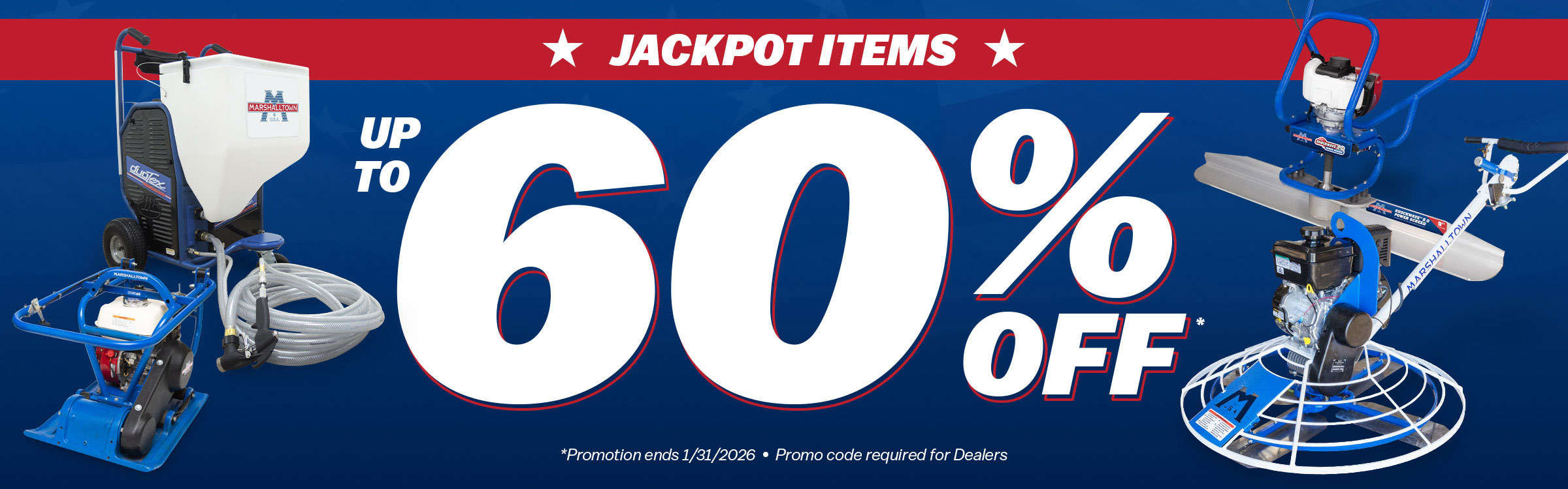 Up to 60% off Power Trowels, Plate Compactors, Texture Sprayer and Power Screeds